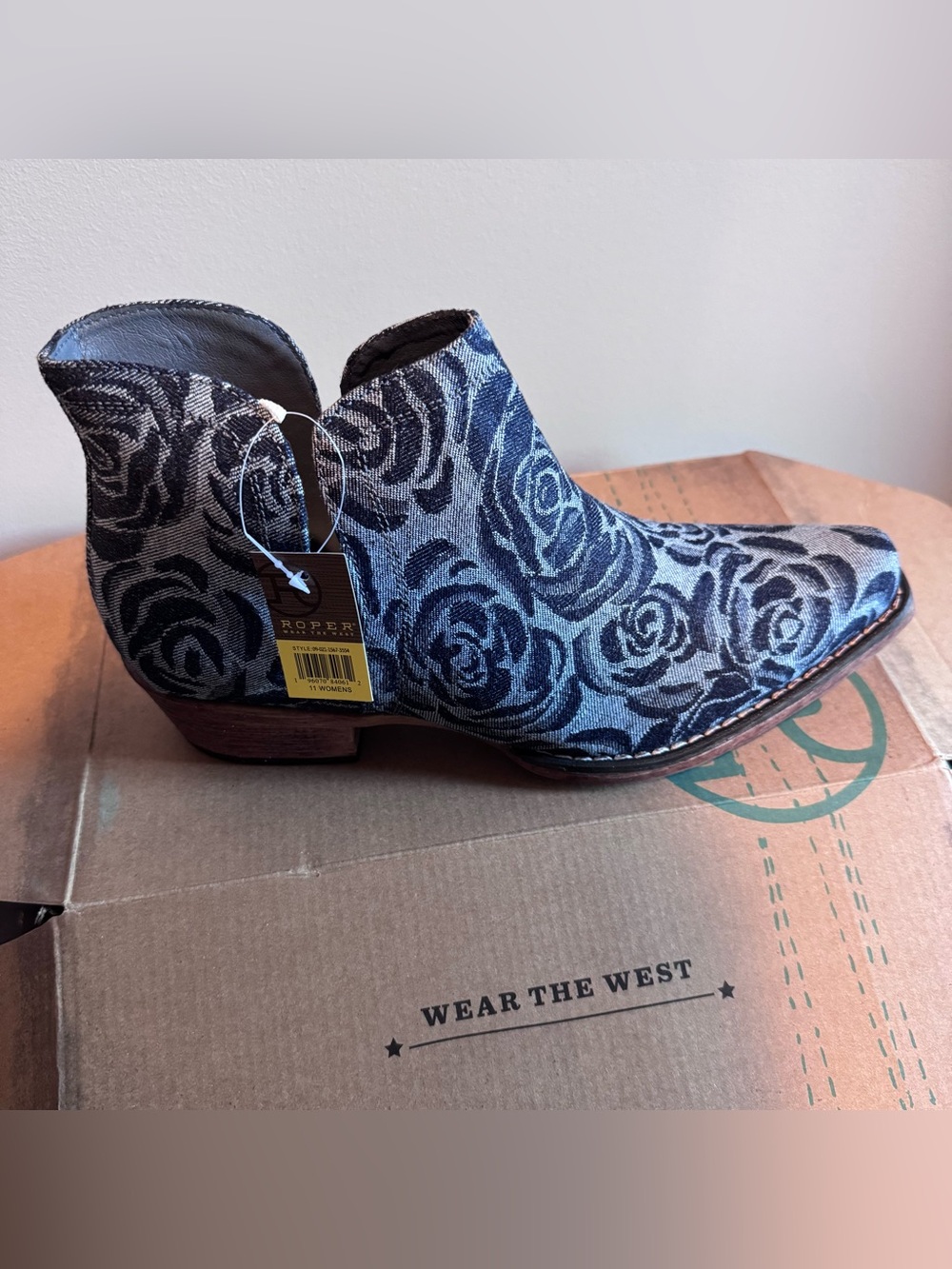 Roper Ava Denim Floral Ankle Booties